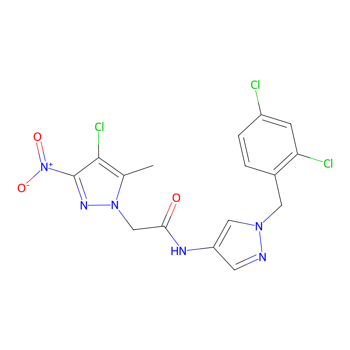 2-(4-chloro-5-methyl-3-nitropyrazol-1-yl)-N-[1-[(2,4-dichlorophenyl)methyl]pyrazol-4-yl]acetamide molecular structure, CAS 489449-74-3