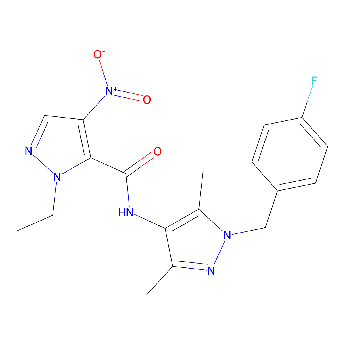 1-ethyl-N-[1-(4-fluorobenzyl)-3,5-dimethyl-1H-pyrazol-4-yl]-4-nitro-1H-pyrazole-5-carboxamide molecular structure, CAS 489449-93-6