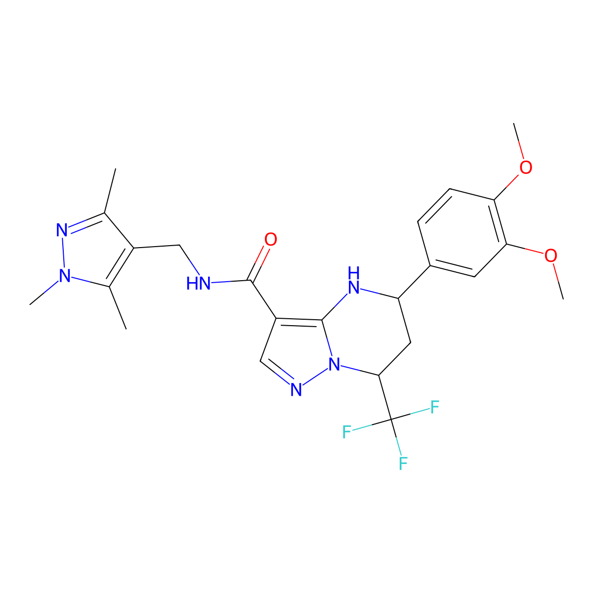 5-(3,4-dimethoxyphenyl)-7-(trifluoromethyl)-N-[(1,3,5-trimethyl-1H-pyrazol-4-yl)methyl]-4,5,6,7-tetrahydropyrazolo[1,5-a]pyrimidine-3-carboxamide molecular structure, CAS 489450-02-4