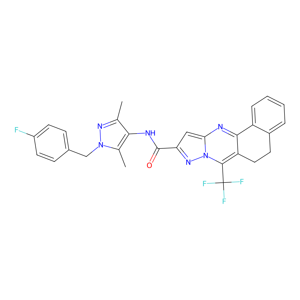 N-[1-(4-fluorobenzyl)-3,5-dimethyl-1H-pyrazol-4-yl]-7-(trifluoromethyl)-5,6-dihydrobenzo[h]pyrazolo[5,1-b]quinazoline-10-carboxamide molecular structure, CAS 489450-05-7