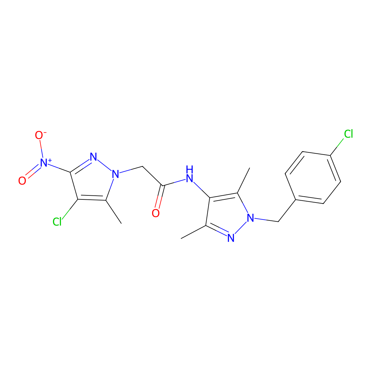 2-(4-chloro-5-methyl-3-nitropyrazol-1-yl)-N-[1-[(4-chlorophenyl)methyl]-3,5-dimethylpyrazol-4-yl]acetamide molecular structure, CAS 489450-09-1