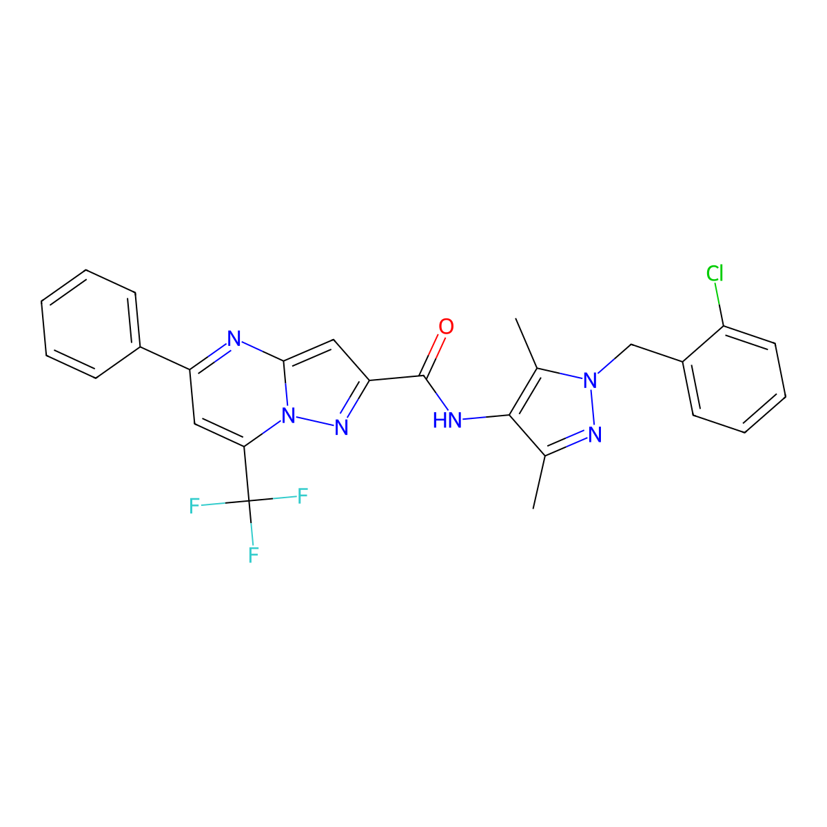 N-[1-[(2-chlorophenyl)methyl]-3,5-dimethylpyrazol-4-yl]-5-phenyl-7-(trifluoromethyl)pyrazolo[1,5-a]pyrimidine-2-carboxamide molecular structure, CAS 489450-19-3