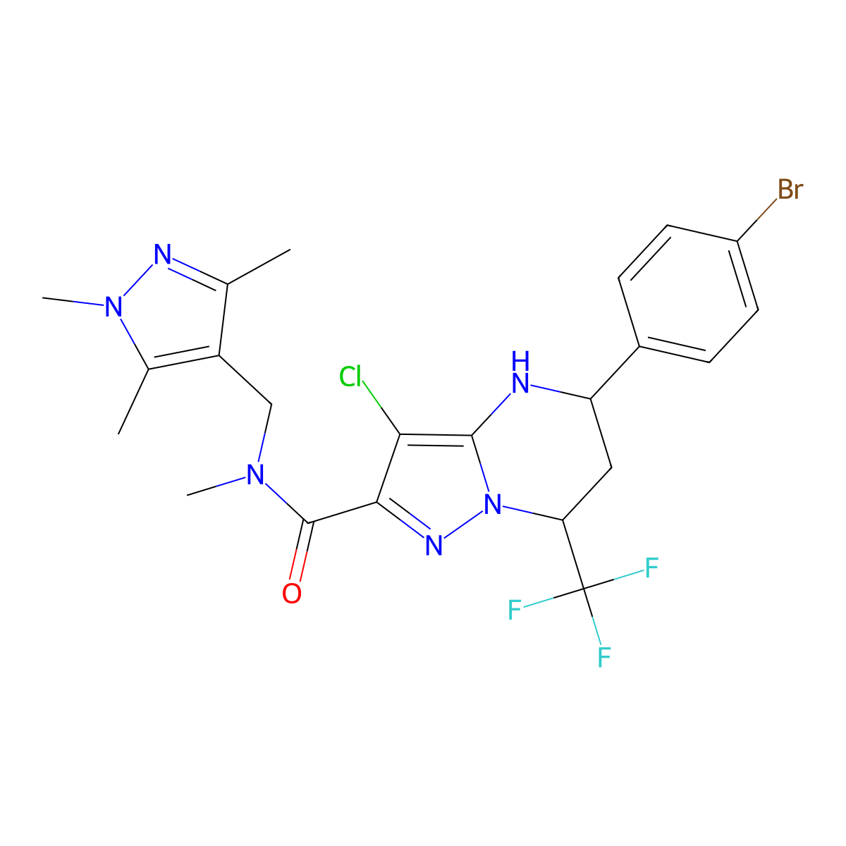 5-(4-bromophenyl)-3-chloro-N-methyl-7-(trifluoromethyl)-N-[(1,3,5-trimethyl-1H-pyrazol-4-yl)methyl]-4,5,6,7-tetrahydropyrazolo[1,5-a]pyrimidine-2-carboxamide molecular structure, CAS 489450-20-6
