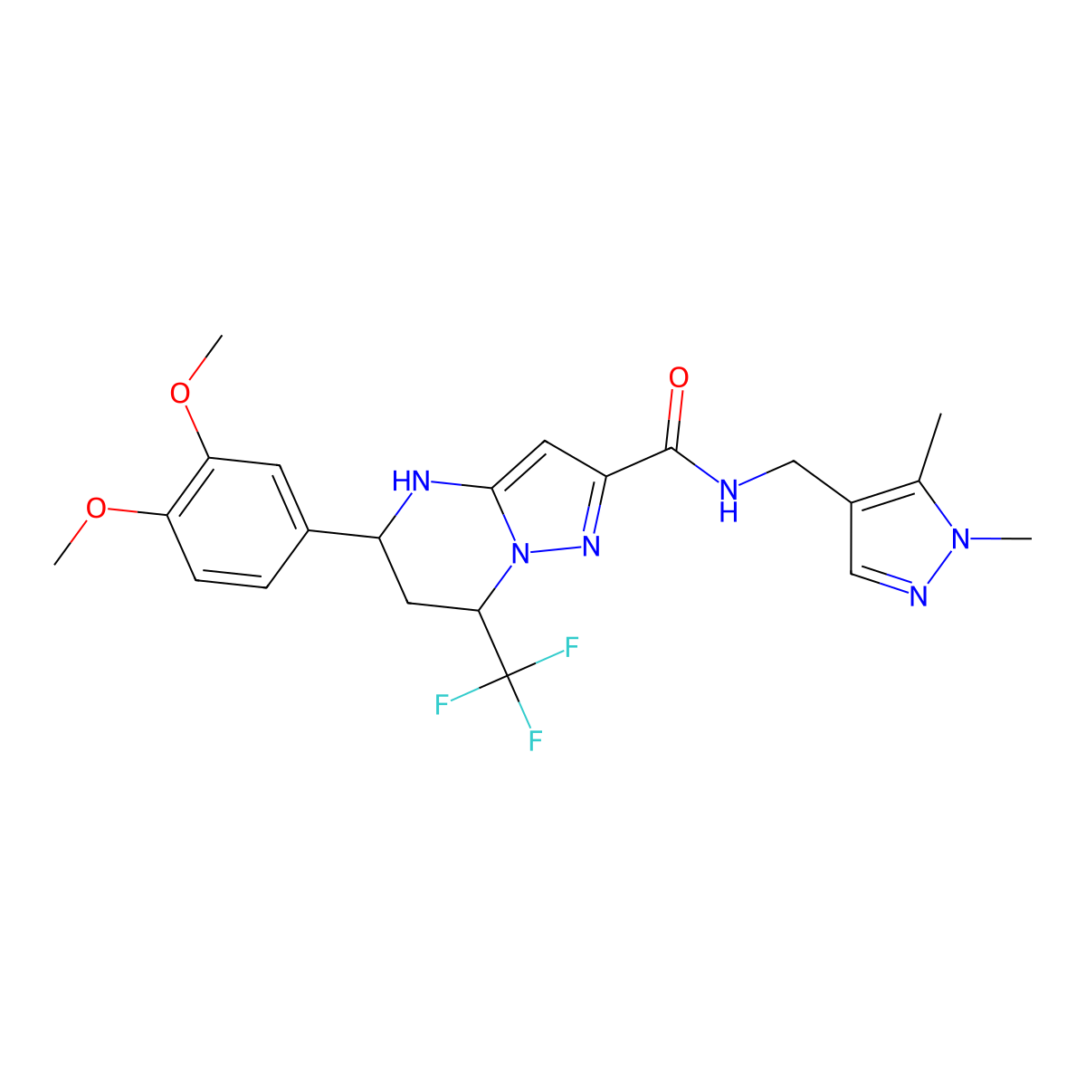 5-(3,4-dimethoxyphenyl)-N-[(1,5-dimethylpyrazol-4-yl)methyl]-7-(trifluoromethyl)-1,5,6,7-tetrahydropyrazolo[1,5-a]pyrimidine-2-carboxamide molecular structure, CAS 489450-23-9