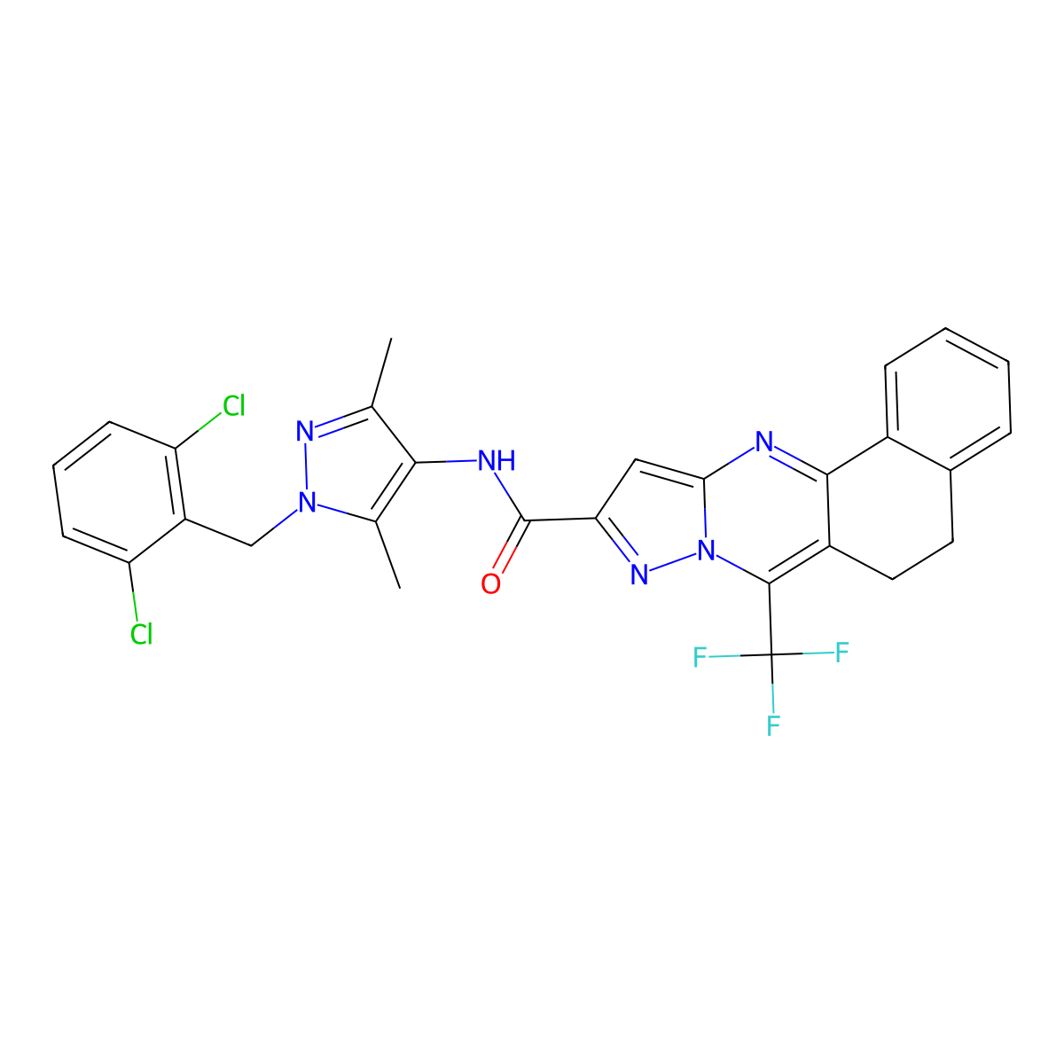 N-[1-(2,6-dichlorobenzyl)-3,5-dimethyl-1H-pyrazol-4-yl]-7-(trifluoromethyl)-5,6-dihydrobenzo[h]pyrazolo[5,1-b]quinazoline-10-carboxamide molecular structure, CAS 489450-27-3