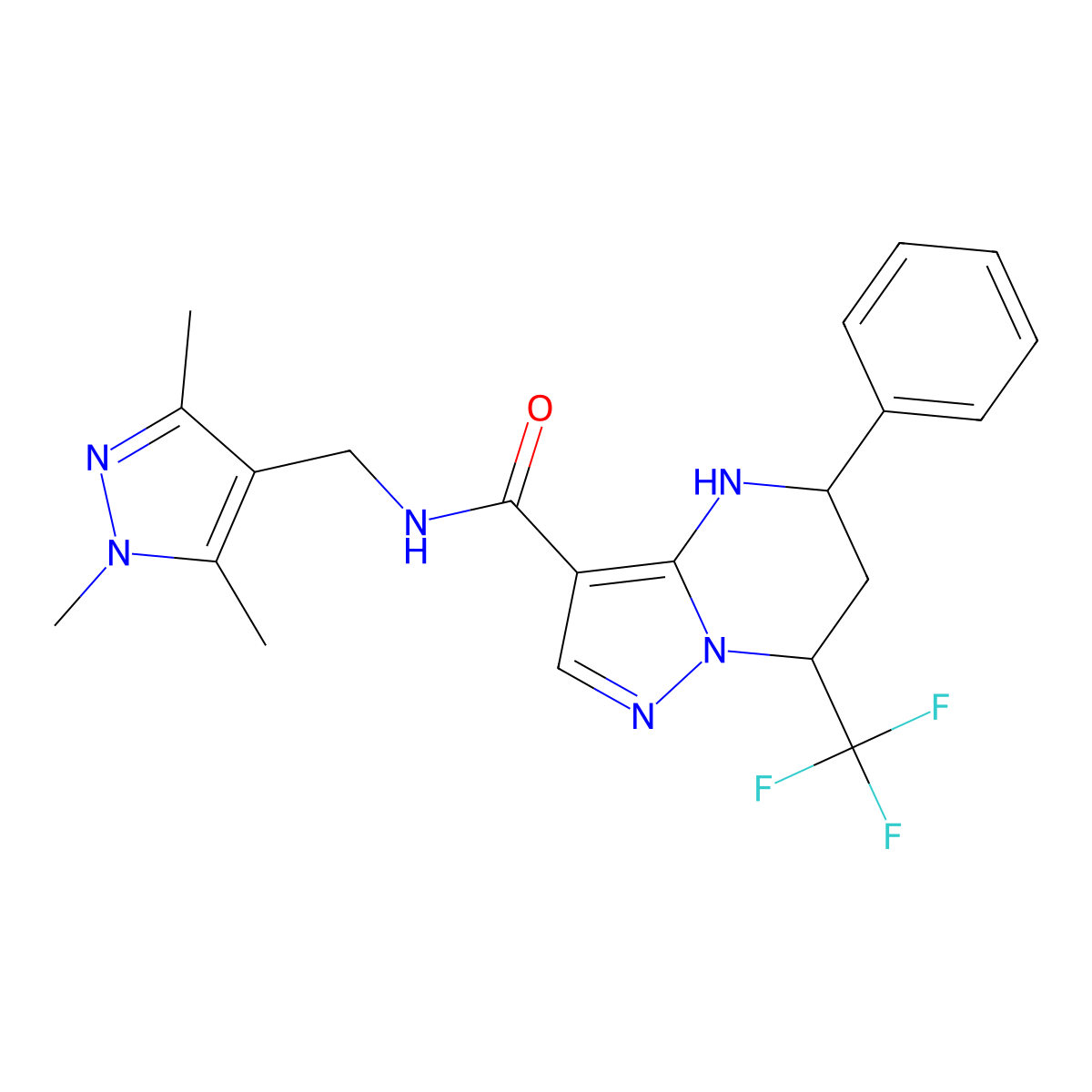 5-phenyl-7-(trifluoromethyl)-N-[(1,3,5-trimethyl-1H-pyrazol-4-yl)methyl]-4,5,6,7-tetrahydropyrazolo[1,5-a]pyrimidine-3-carboxamide molecular structure, CAS 489450-29-5