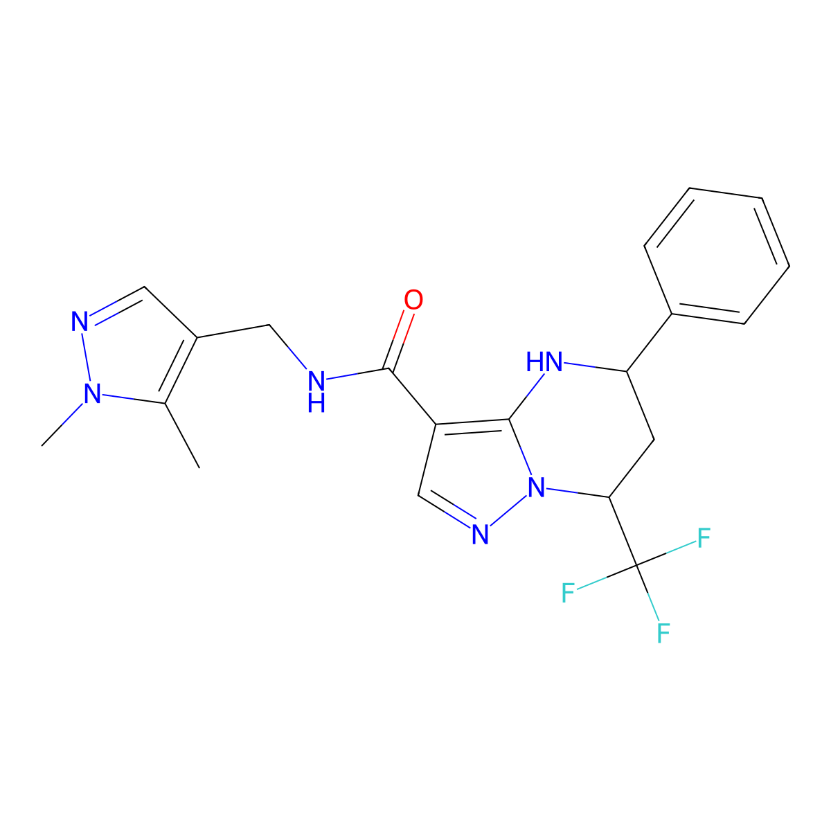 N-[(1,5-dimethyl-1H-pyrazol-4-yl)methyl]-5-phenyl-7-(trifluoromethyl)-4,5,6,7-tetrahydropyrazolo[1,5-a]pyrimidine-3-carboxamide molecular structure, CAS 489450-33-1