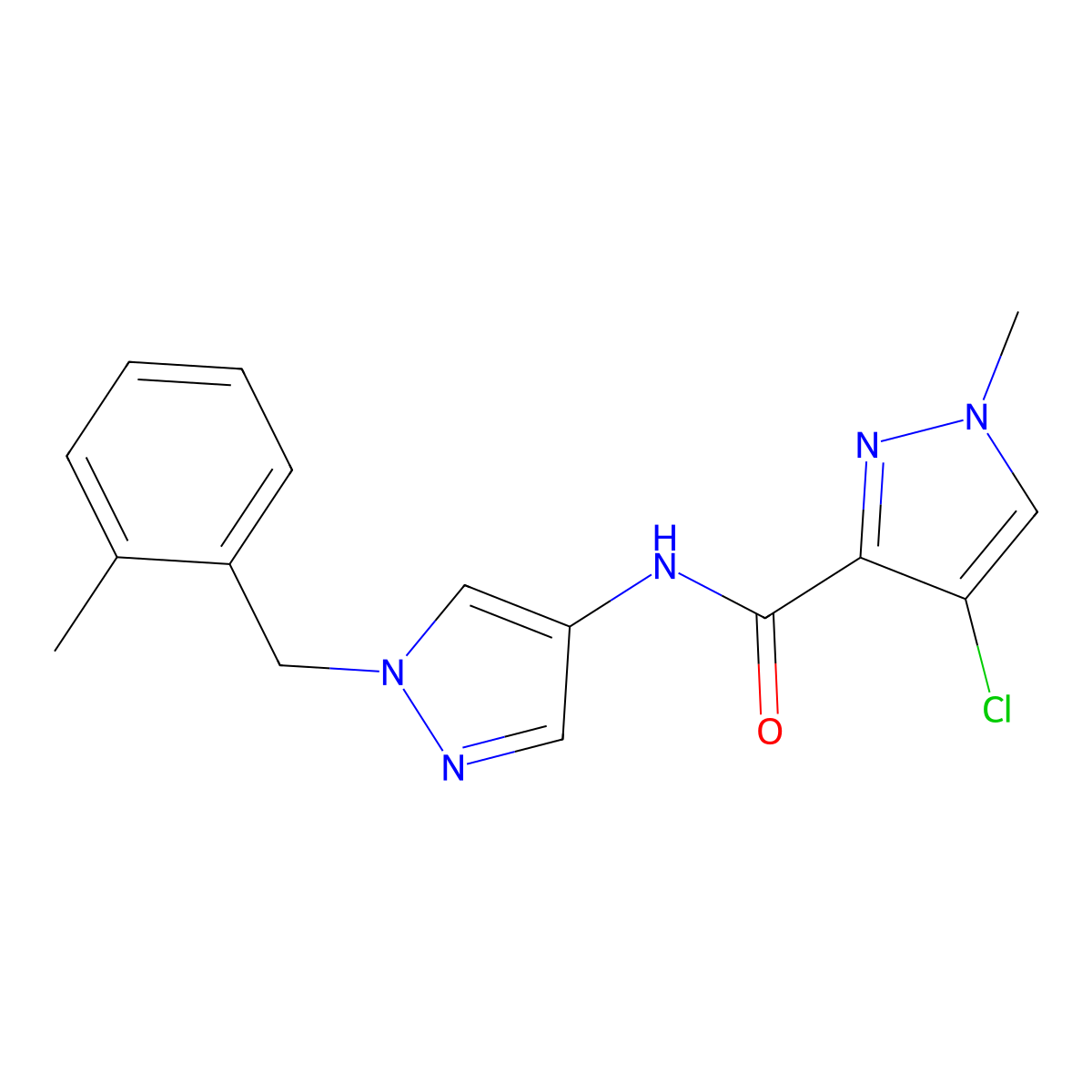 4-chloro-1-methyl-N-[1-(2-methylbenzyl)-1H-pyrazol-4-yl]-1H-pyrazole-3-carboxamide molecular structure, CAS 489450-34-2