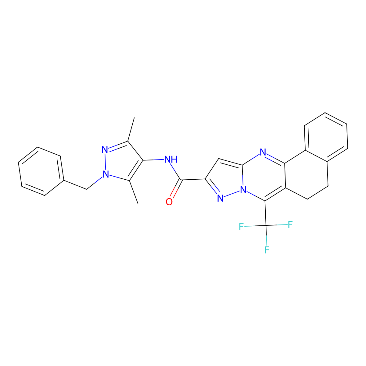 N-(1-benzyl-3,5-dimethyl-1H-pyrazol-4-yl)-7-(trifluoromethyl)-5,6-dihydrobenzo[h]pyrazolo[5,1-b]quinazoline-10-carboxamide molecular structure, CAS 489450-36-4