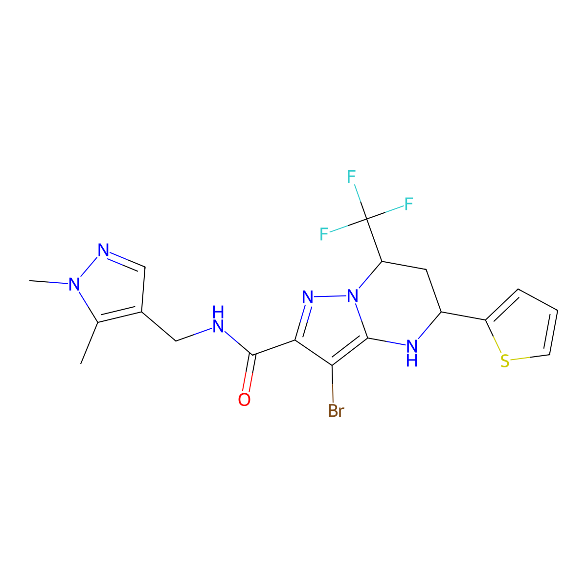3-bromo-N-[(1,5-dimethyl-1H-pyrazol-4-yl)methyl]-5-(2-thienyl)-7-(trifluoromethyl)-4,5,6,7-tetrahydropyrazolo[1,5-a]pyrimidine-2-carboxamide molecular structure, CAS 489450-37-5