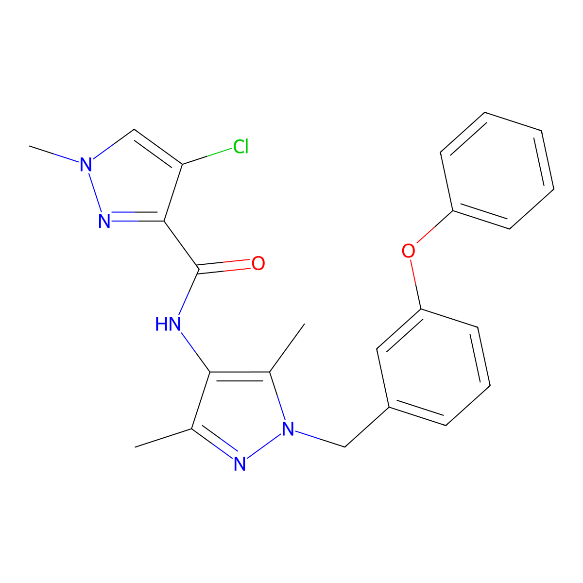 4-chloro-N-[3,5-dimethyl-1-(3-phenoxybenzyl)-1H-pyrazol-4-yl]-1-methyl-1H-pyrazole-3-carboxamide molecular structure, CAS 489450-38-6