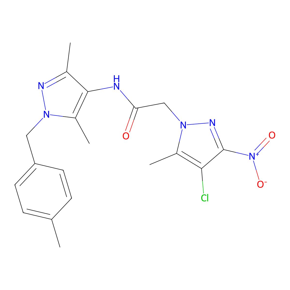 2-(4-chloro-5-methyl-3-nitropyrazol-1-yl)-N-[3,5-dimethyl-1-[(4-methylphenyl)methyl]pyrazol-4-yl]acetamide molecular structure, CAS 489450-43-3
