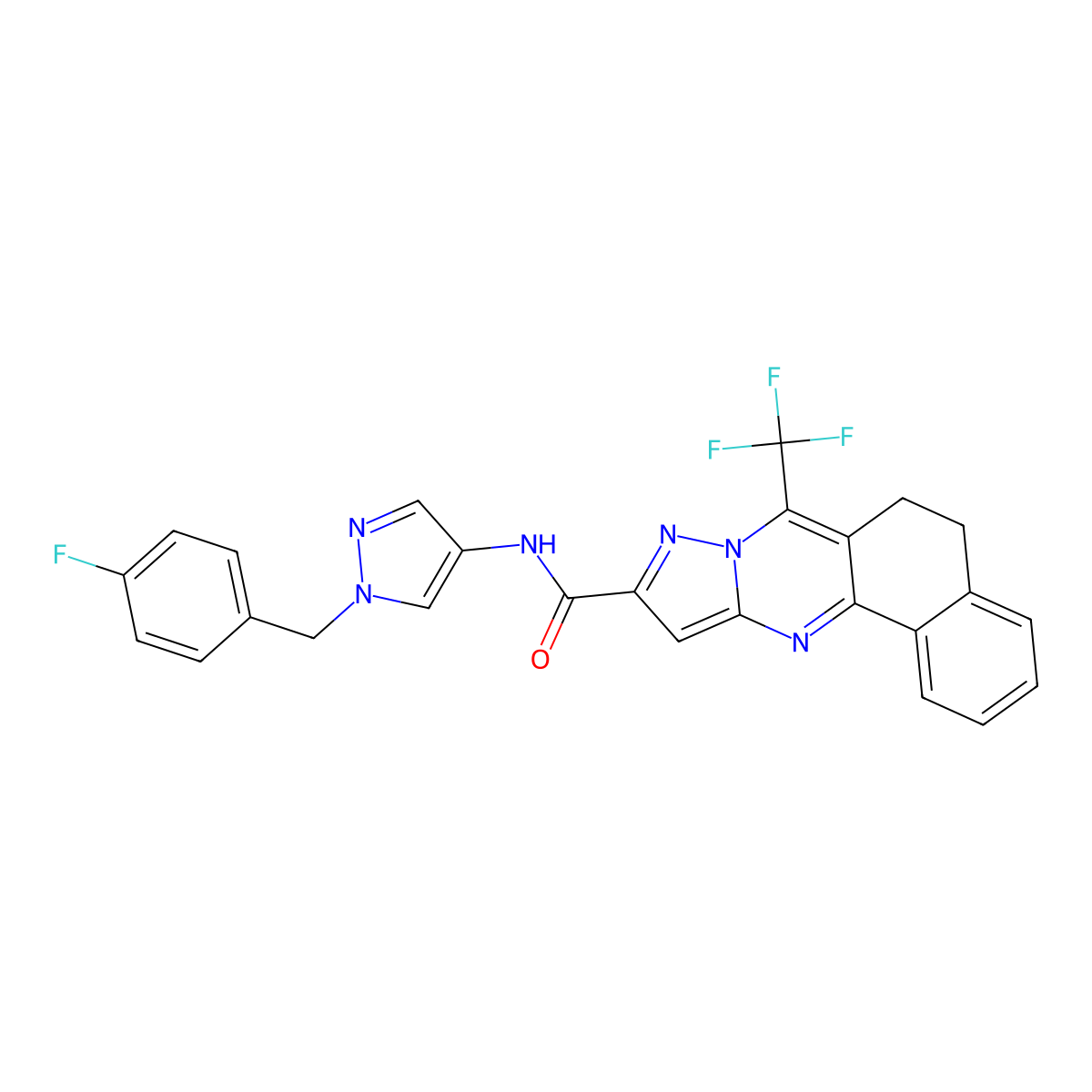 N-[1-(4-fluorobenzyl)-1H-pyrazol-4-yl]-7-(trifluoromethyl)-5,6-dihydrobenzo[h]pyrazolo[5,1-b]quinazoline-10-carboxamide molecular structure, CAS 489450-44-4