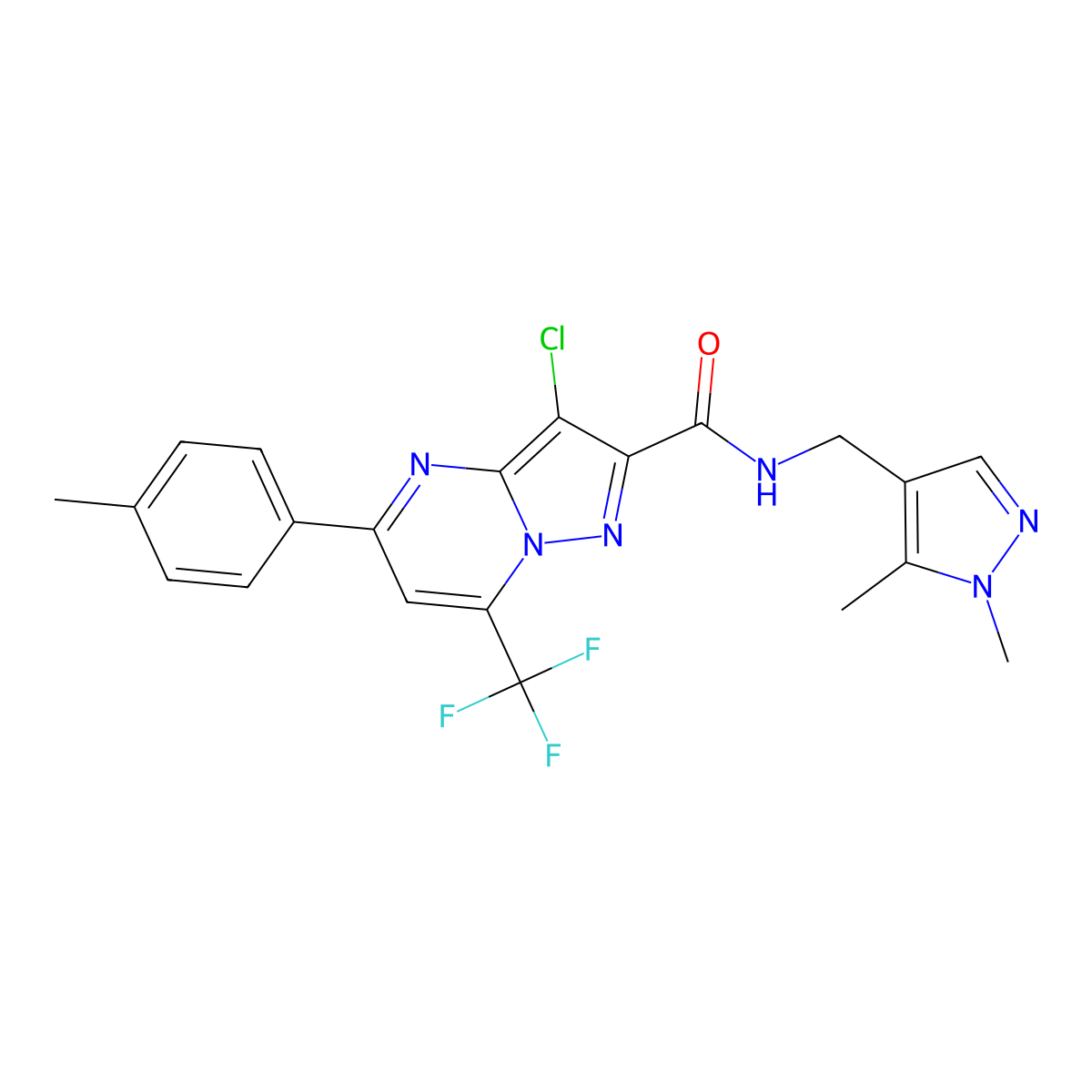 3-chloro-N-[(1,5-dimethyl-1H-pyrazol-4-yl)methyl]-5-(4-methylphenyl)-7-(trifluoromethyl)pyrazolo[1,5-a]pyrimidine-2-carboxamide molecular structure, CAS 489450-48-8