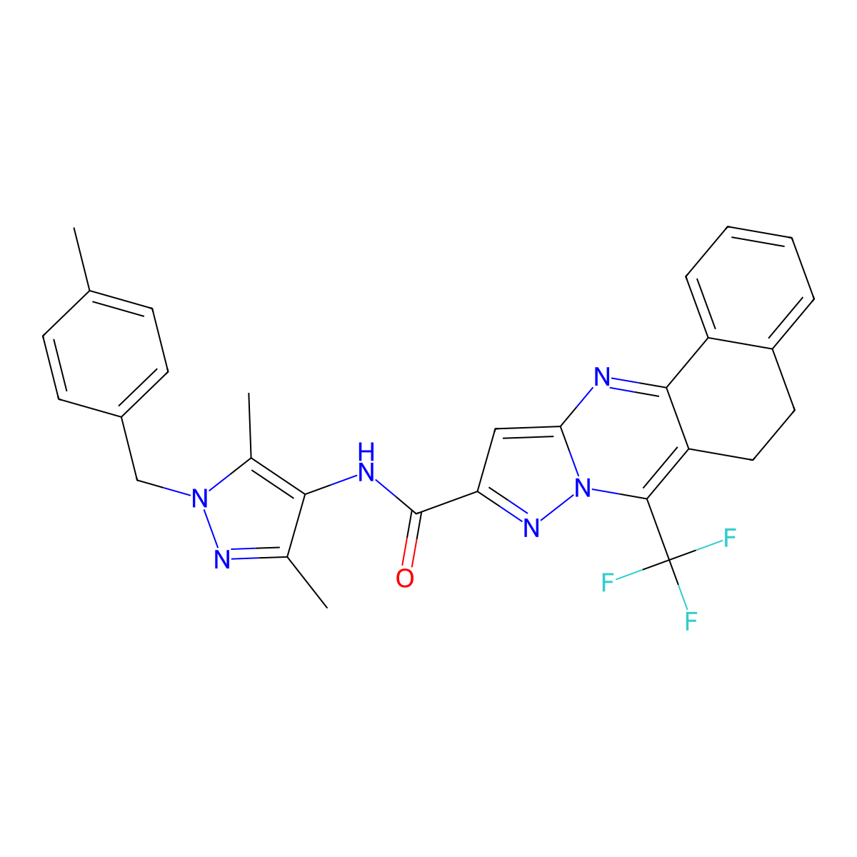N-[3,5-dimethyl-1-(4-methylbenzyl)-1H-pyrazol-4-yl]-7-(trifluoromethyl)-5,6-dihydrobenzo[h]pyrazolo[5,1-b]quinazoline-10-carboxamide molecular structure, CAS 489450-52-4
