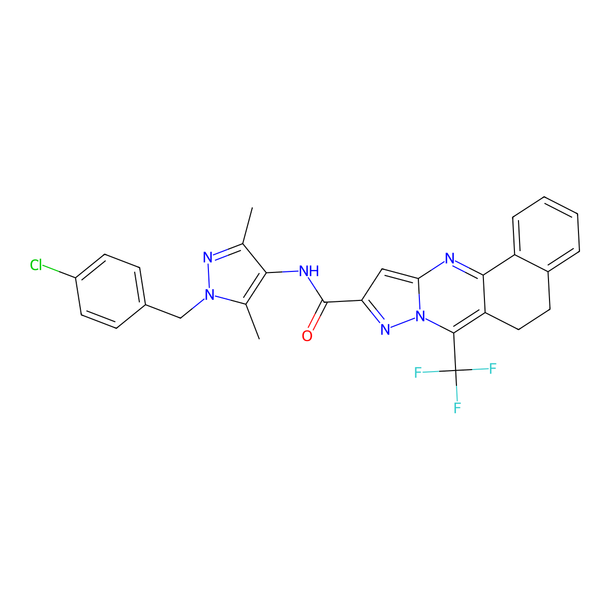 N-[1-(4-chlorobenzyl)-3,5-dimethyl-1H-pyrazol-4-yl]-7-(trifluoromethyl)-5,6-dihydrobenzo[h]pyrazolo[5,1-b]quinazoline-10-carboxamide molecular structure, CAS 489450-54-6