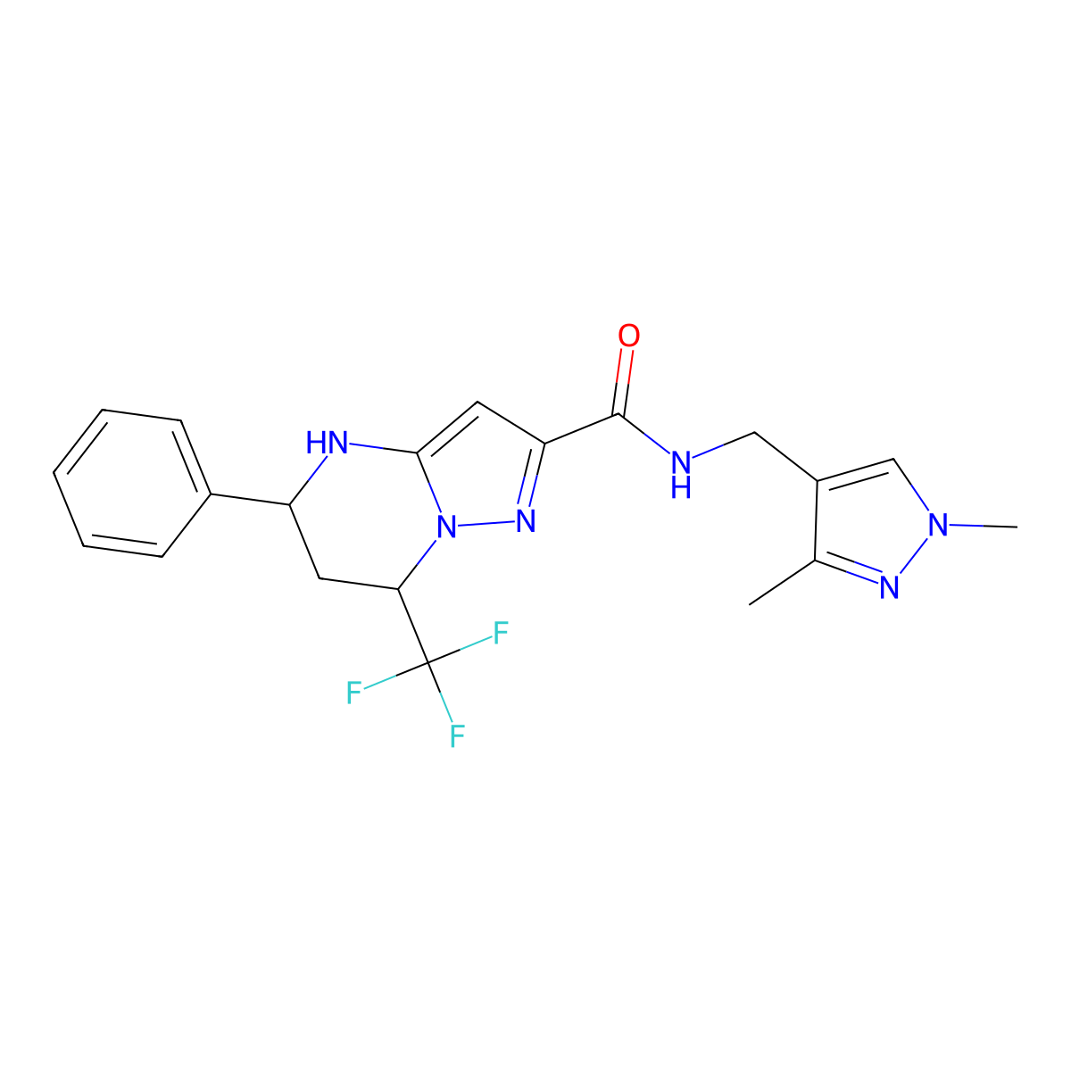 N-[(1,3-dimethyl-1H-pyrazol-4-yl)methyl]-5-phenyl-7-(trifluoromethyl)-4,5,6,7-tetrahydropyrazolo[1,5-a]pyrimidine-2-carboxamide molecular structure, CAS 489450-55-7