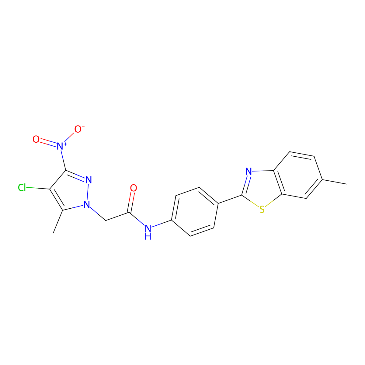 2-(4-chloro-5-methyl-3-nitropyrazol-1-yl)-N-[4-(6-methyl-1,3-benzothiazol-2-yl)phenyl]acetamide molecular structure, CAS 489450-57-9