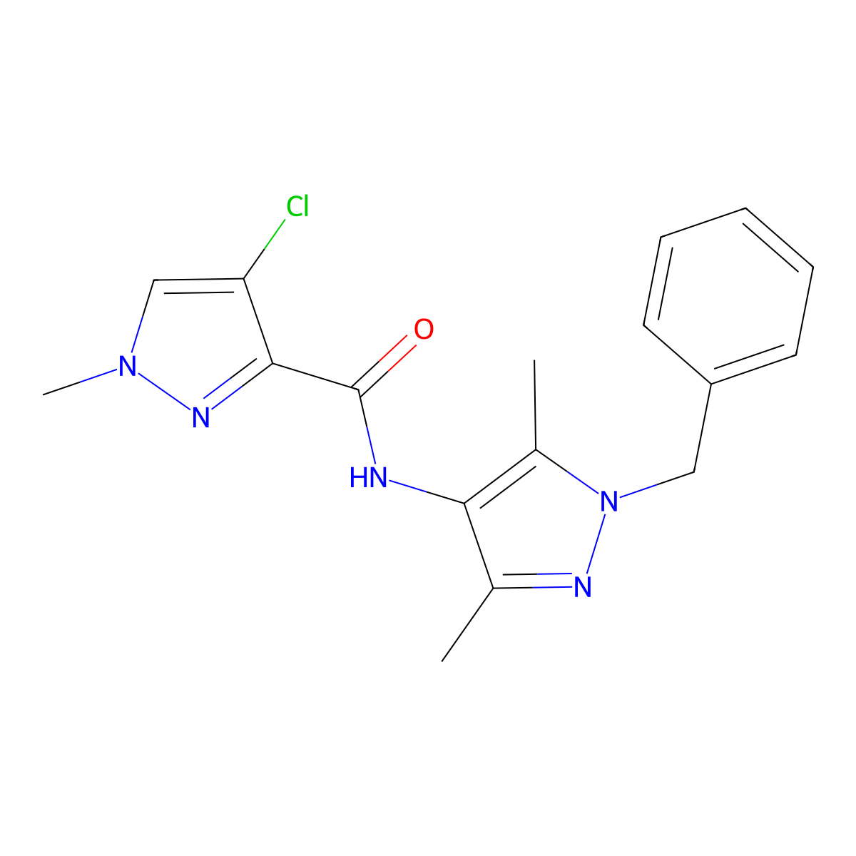 N-(1-benzyl-3,5-dimethyl-1H-pyrazol-4-yl)-4-chloro-1-methyl-1H-pyrazole-3-carboxamide molecular structure, CAS 489450-58-0