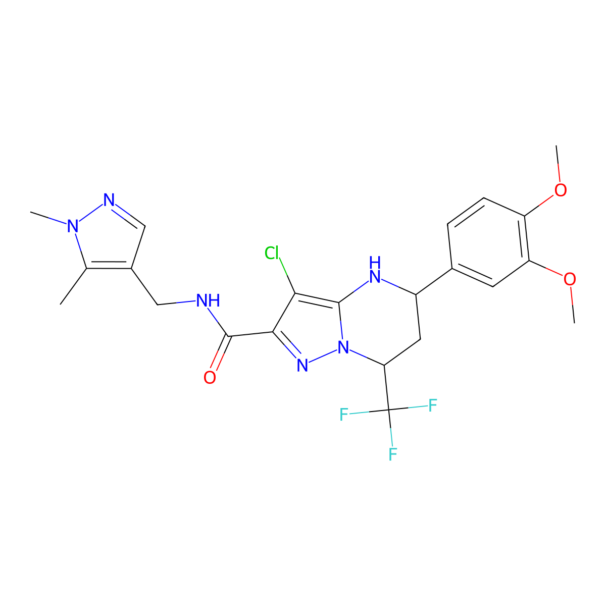 3-chloro-5-(3,4-dimethoxyphenyl)-N-[(1,5-dimethyl-1H-pyrazol-4-yl)methyl]-7-(trifluoromethyl)-4,5,6,7-tetrahydropyrazolo[1,5-a]pyrimidine-2-carboxamide molecular structure, CAS 489450-59-1