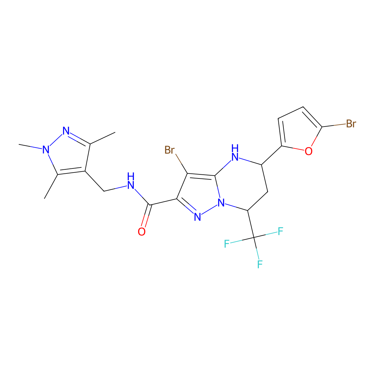 3-bromo-5-(5-bromofuran-2-yl)-7-(trifluoromethyl)-N-((1,3,5-trimethyl-1H-pyrazol-4-yl)methyl)-4,5,6,7-tetrahydropyrazolo[1,5-a]pyrimidine-2-carboxamide molecular structure, CAS 489450-61-5