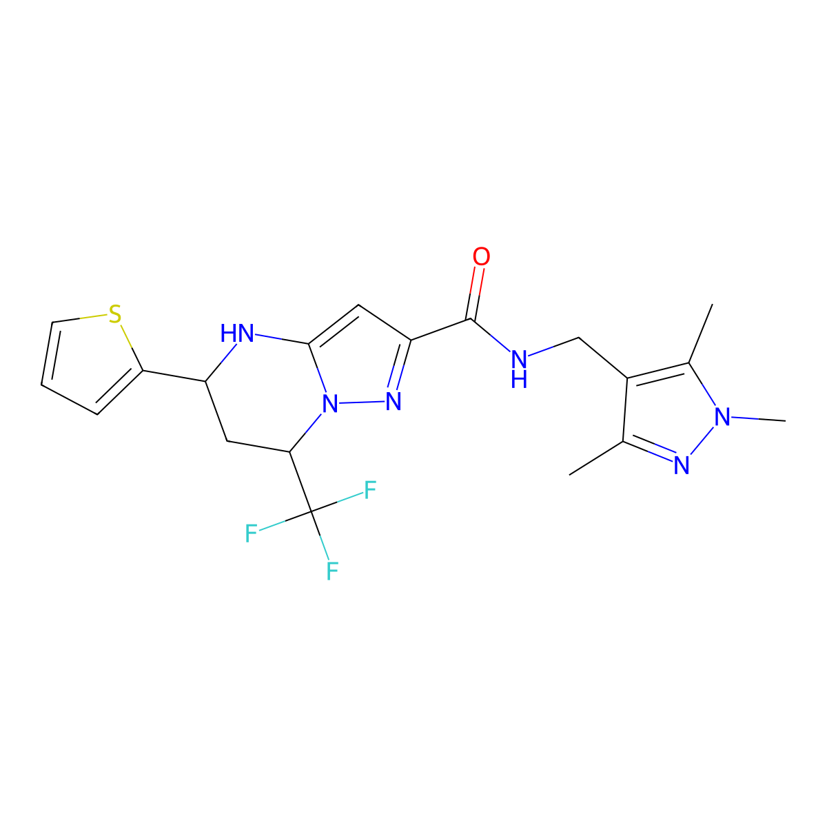 5-thiophen-2-yl-7-(trifluoromethyl)-N-[(1,3,5-trimethylpyrazol-4-yl)methyl]-1,5,6,7-tetrahydropyrazolo[1,5-a]pyrimidine-2-carboxamide molecular structure, CAS 489450-65-9