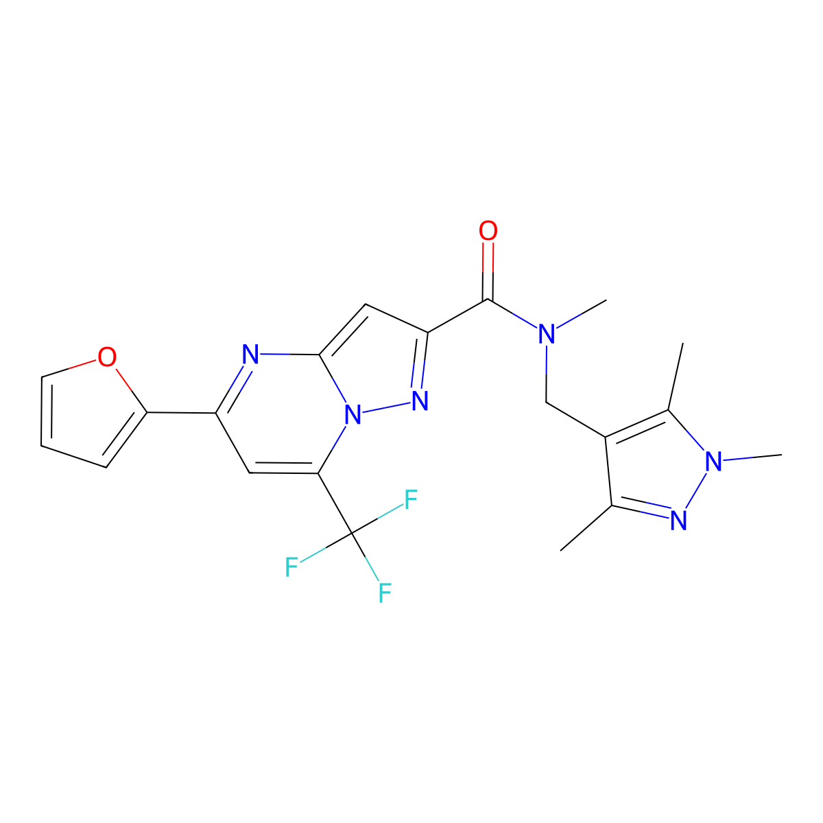 5-(2-furyl)-N-methyl-7-(trifluoromethyl)-N-[(1,3,5-trimethyl-1H-pyrazol-4-yl)methyl]pyrazolo[1,5-a]pyrimidine-2-carboxamide molecular structure, CAS 489450-77-3