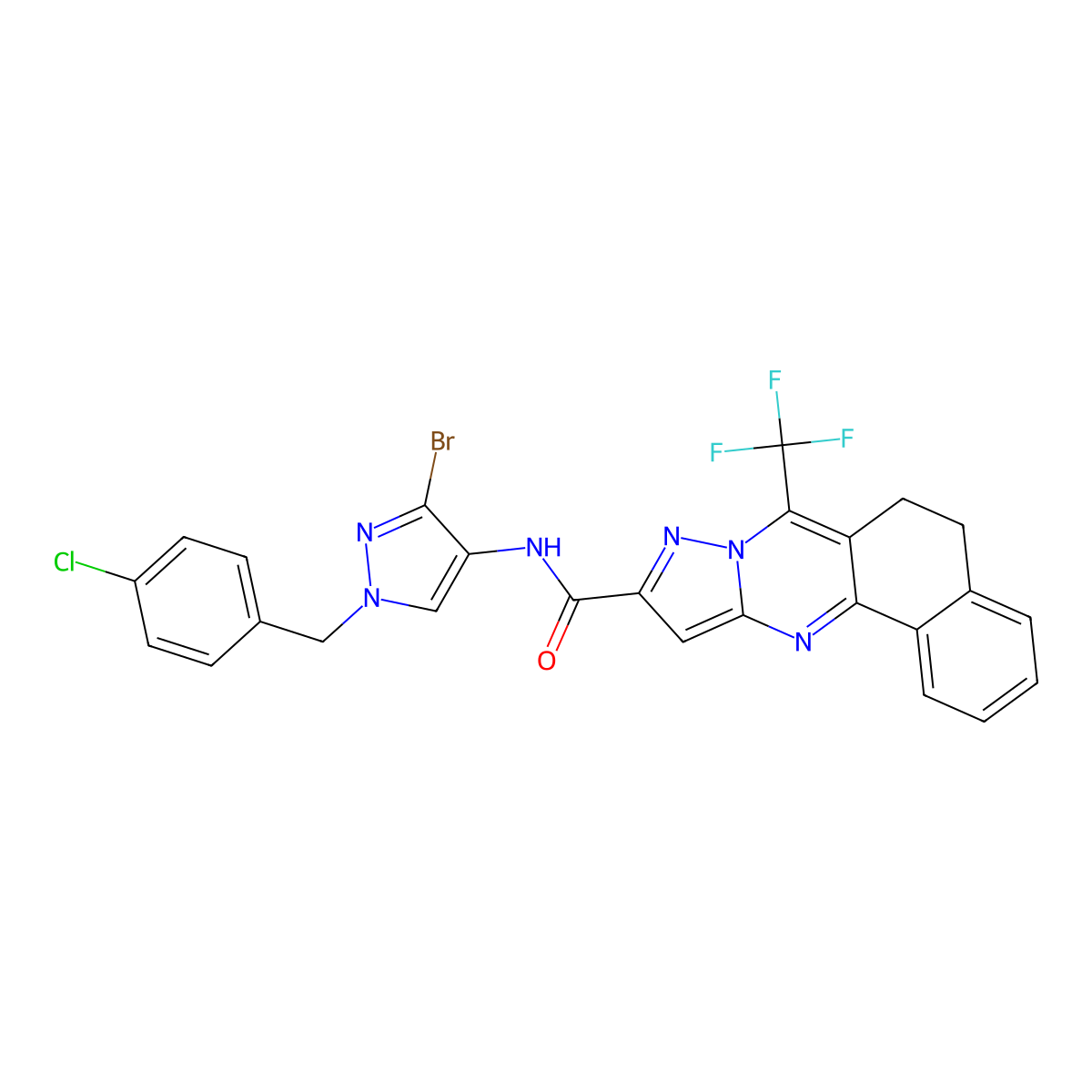 N-[3-bromo-1-(4-chlorobenzyl)-1H-pyrazol-4-yl]-7-(trifluoromethyl)-5,6-dihydrobenzo[h]pyrazolo[5,1-b]quinazoline-10-carboxamide molecular structure, CAS 489450-84-2