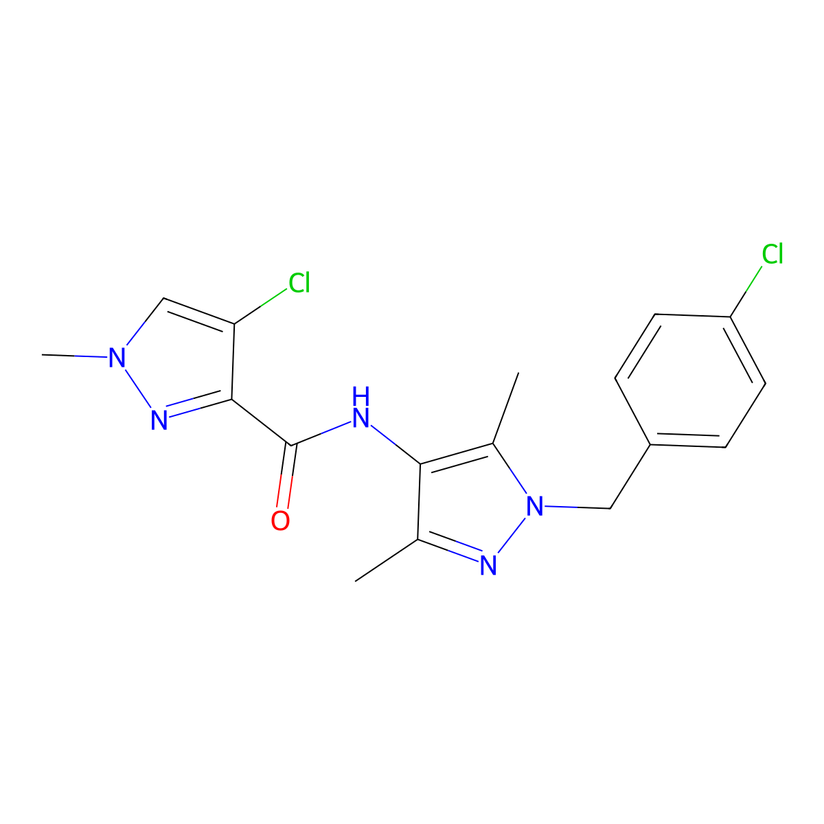 4-chloro-N-[1-(4-chlorobenzyl)-3,5-dimethyl-1H-pyrazol-4-yl]-1-methyl-1H-pyrazole-3-carboxamide molecular structure, CAS 489450-89-7