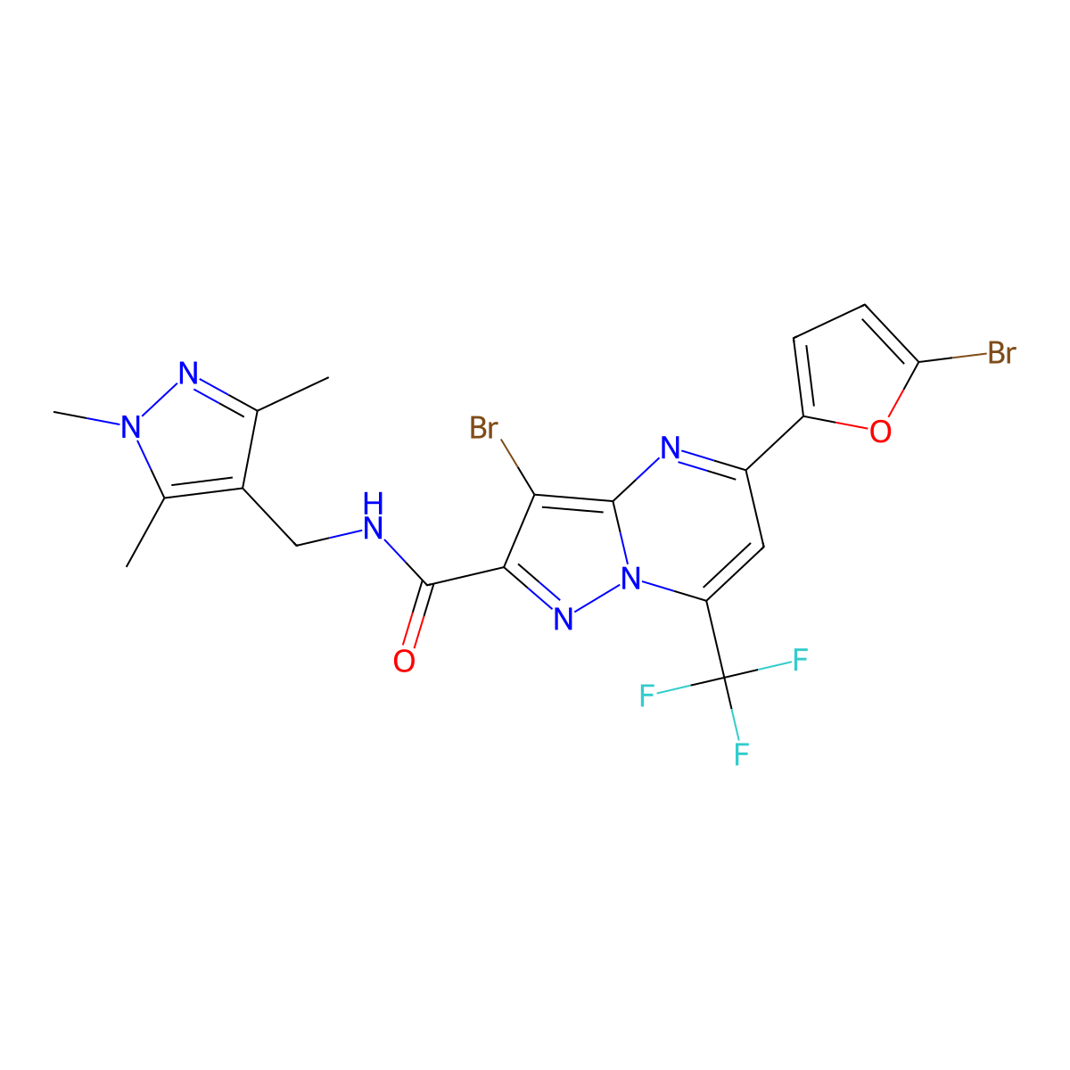 3-bromo-5-(5-bromofuran-2-yl)-7-(trifluoromethyl)-N-[(1,3,5-trimethylpyrazol-4-yl)methyl]pyrazolo[1,5-a]pyrimidine-2-carboxamide molecular structure, CAS 489450-93-3