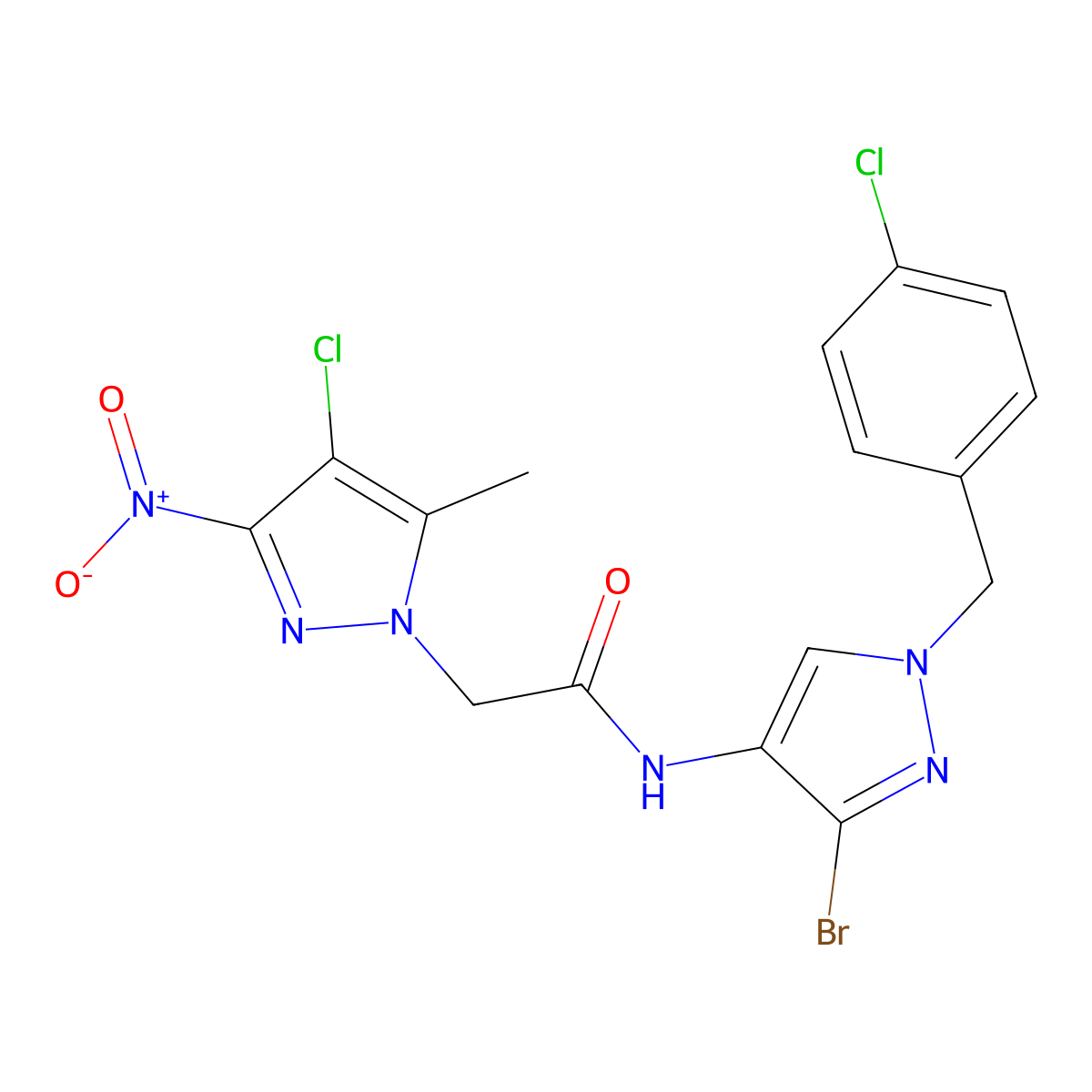 N-[3-bromo-1-[(4-chlorophenyl)methyl]pyrazol-4-yl]-2-(4-chloro-5-methyl-3-nitropyrazol-1-yl)acetamide molecular structure, CAS 489450-95-5