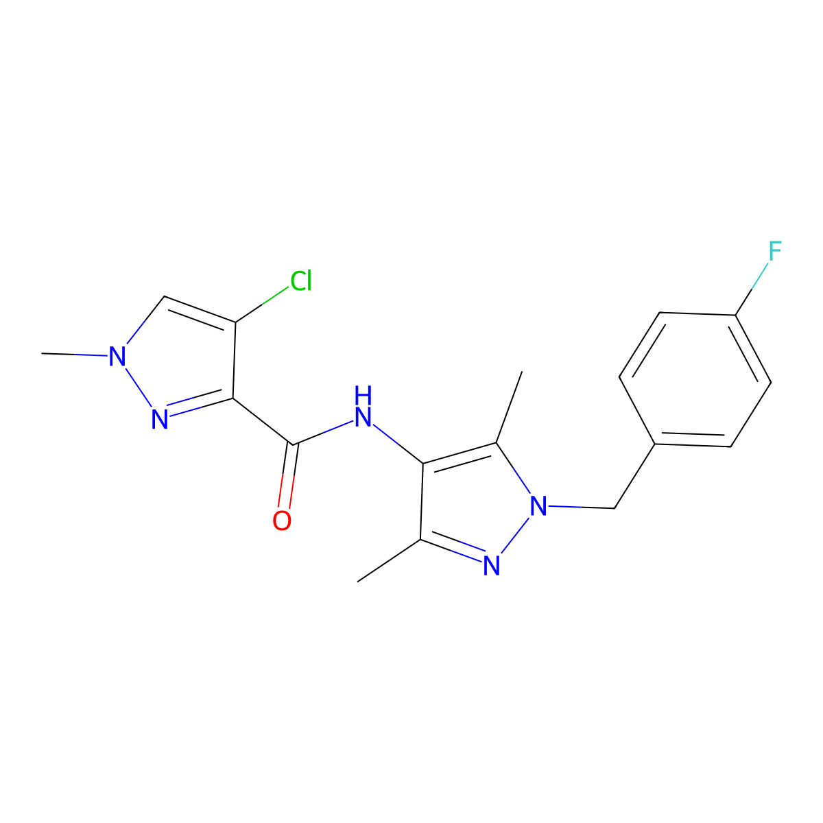 4-chloro-N-[1-(4-fluorobenzyl)-3,5-dimethyl-1H-pyrazol-4-yl]-1-methyl-1H-pyrazole-3-carboxamide molecular structure, CAS 489451-00-5
