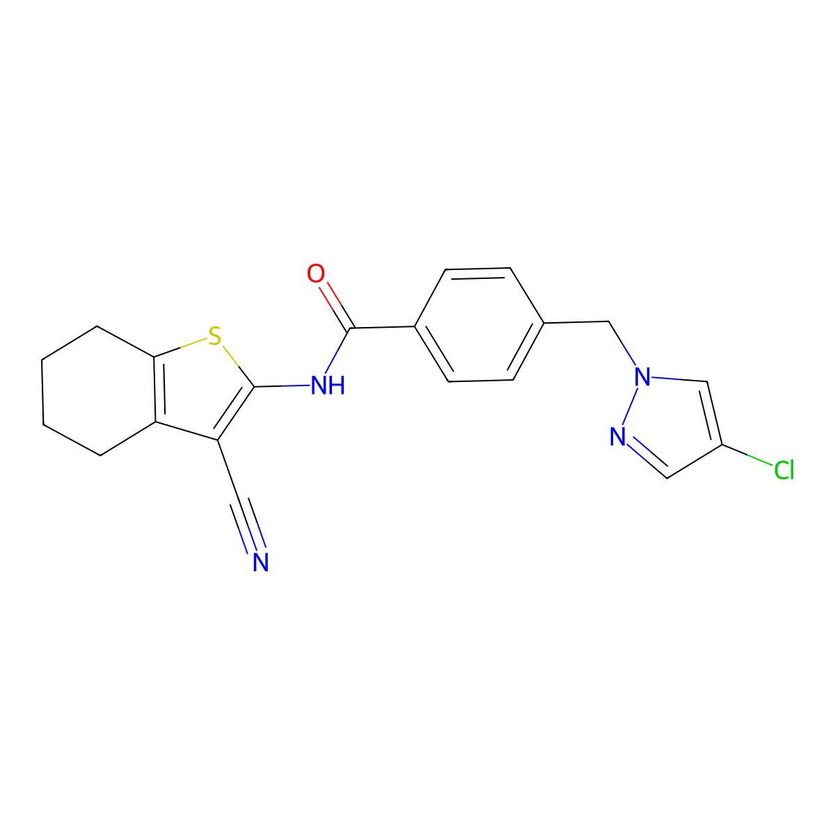 4-[(4-chloropyrazol-1-yl)methyl]-N-(3-cyano-4,5,6,7-tetrahydro-1-benzothiophen-2-yl)benzamide molecular structure, CAS 489451-01-6