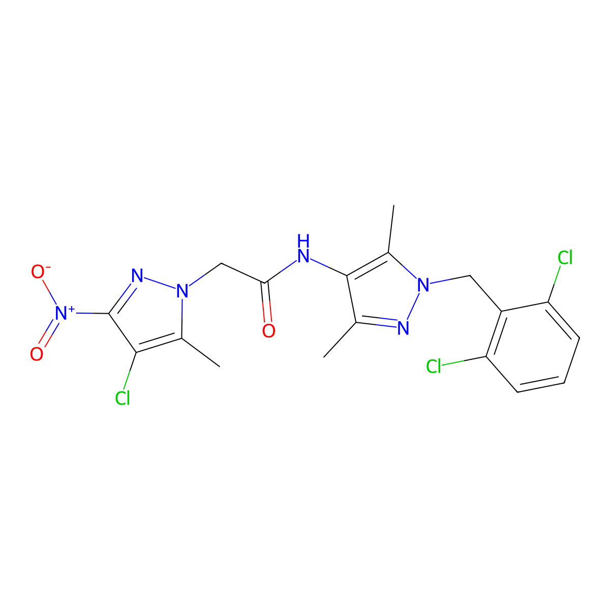 2-(4-chloro-5-methyl-3-nitro-1H-pyrazol-1-yl)-N-[1-(2,6-dichlorobenzyl)-3,5-dimethyl-1H-pyrazol-4-yl]acetamide molecular structure, CAS 489451-02-7