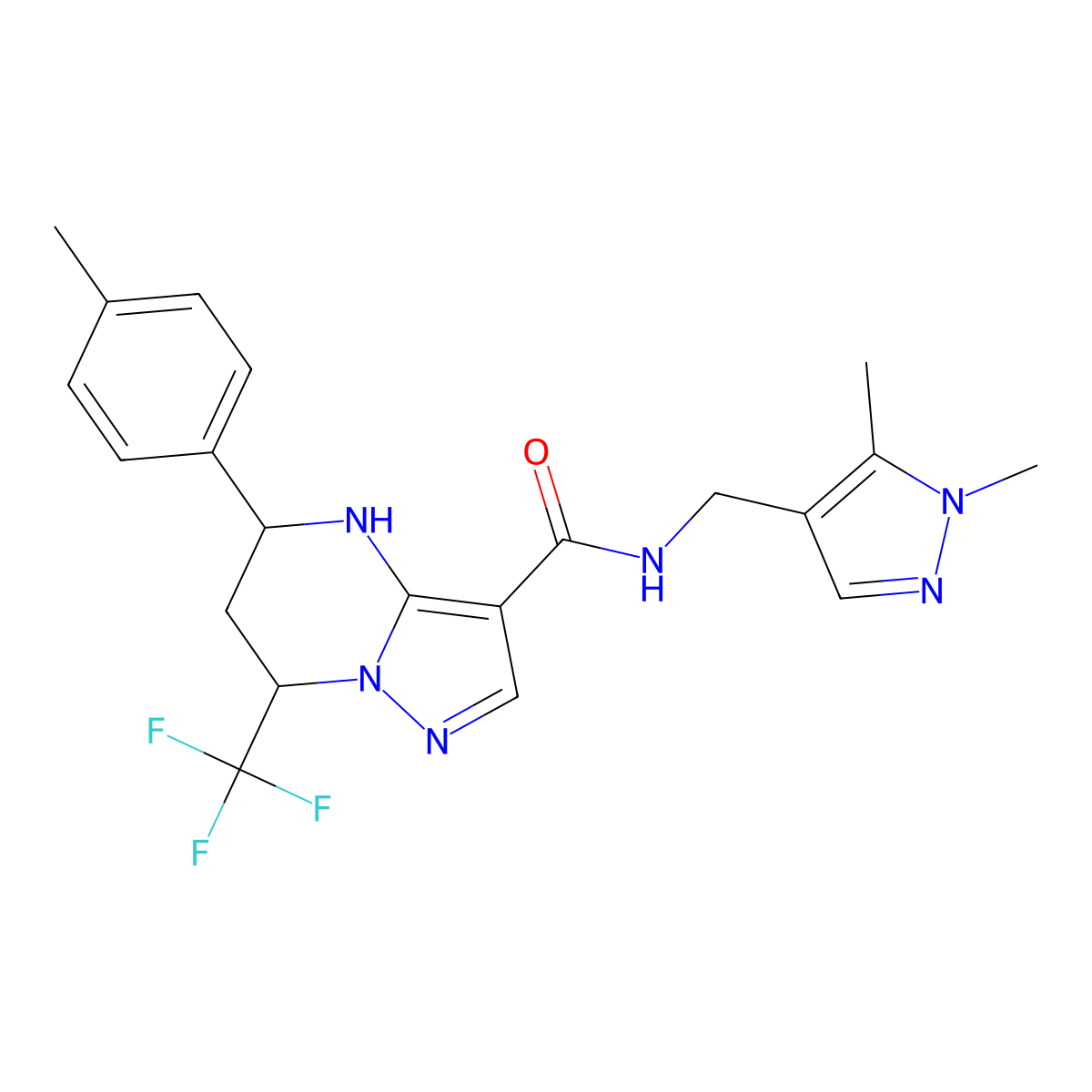 N-[(1,5-dimethyl-1H-pyrazol-4-yl)methyl]-5-(4-methylphenyl)-7-(trifluoromethyl)-4,5,6,7-tetrahydropyrazolo[1,5-a]pyrimidine-3-carboxamide molecular structure, CAS 489451-05-0