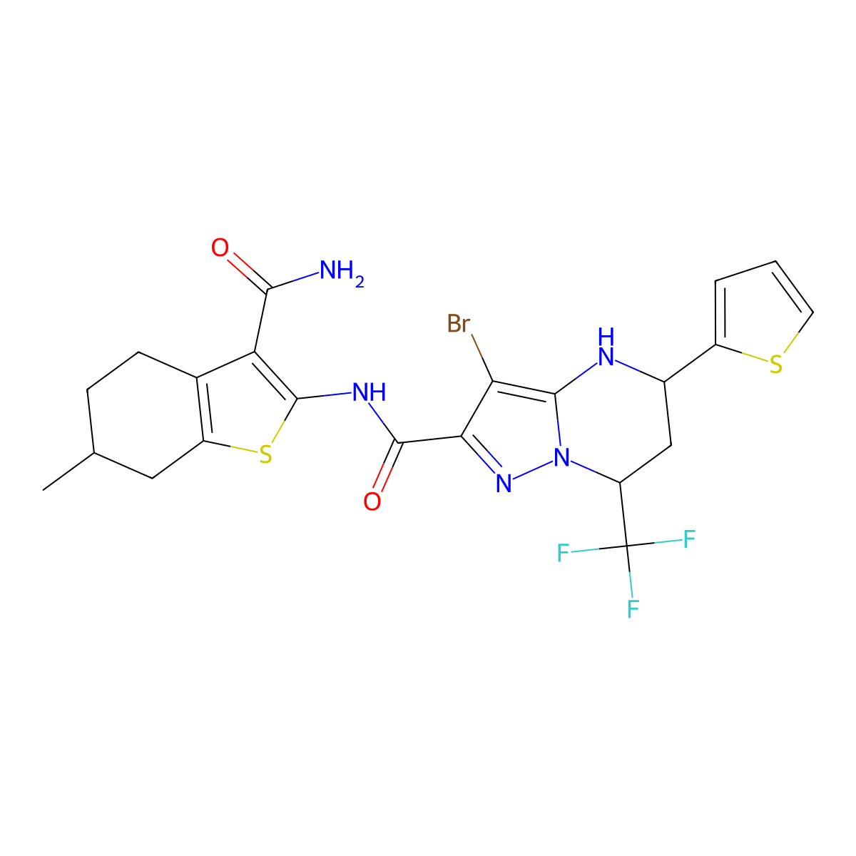 N-[3-(aminocarbonyl)-6-methyl-4,5,6,7-tetrahydro-1-benzothien-2-yl]-3-bromo-5-(2-thienyl)-7-(trifluoromethyl)-4,5,6,7-tetrahydropyrazolo[1,5-a]pyrimidine-2-carboxamide molecular structure, CAS 489451-12-9