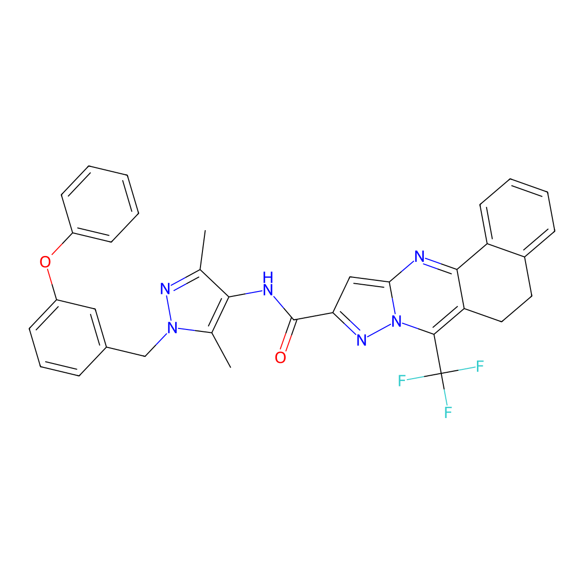 N-[3,5-dimethyl-1-(3-phenoxybenzyl)-1H-pyrazol-4-yl]-7-(trifluoromethyl)-5,6-dihydrobenzo[h]pyrazolo[5,1-b]quinazoline-10-carboxamide molecular structure, CAS 489451-17-4