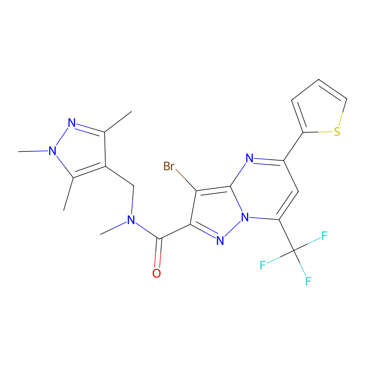 3-bromo-N-methyl-5-thiophen-2-yl-7-(trifluoromethyl)-N-[(1,3,5-trimethylpyrazol-4-yl)methyl]pyrazolo[1,5-a]pyrimidine-2-carboxamide molecular structure, CAS 489451-22-1