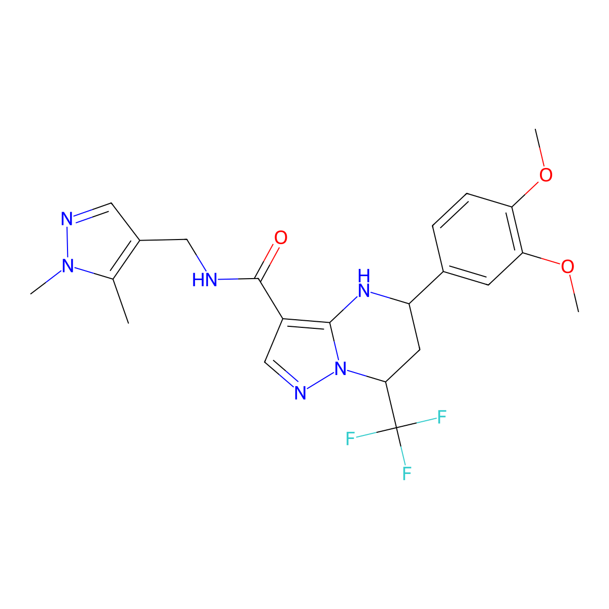 5-(3,4-dimethoxyphenyl)-N-[(1,5-dimethyl-1H-pyrazol-4-yl)methyl]-7-(trifluoromethyl)-4,5,6,7-tetrahydropyrazolo[1,5-a]pyrimidine-3-carboxamide molecular structure, CAS 489451-24-3