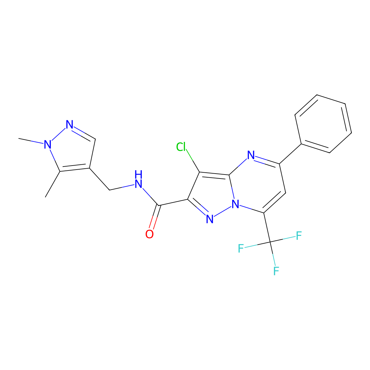 3-chloro-N-[(1,5-dimethyl-1H-pyrazol-4-yl)methyl]-5-phenyl-7-(trifluoromethyl)pyrazolo[1,5-a]pyrimidine-2-carboxamide molecular structure, CAS 489451-28-7
