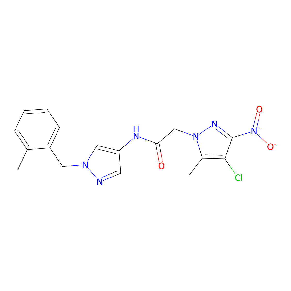 2-(4-chloro-5-methyl-3-nitropyrazol-1-yl)-N-[1-[(2-methylphenyl)methyl]pyrazol-4-yl]acetamide molecular structure, CAS 489451-35-6