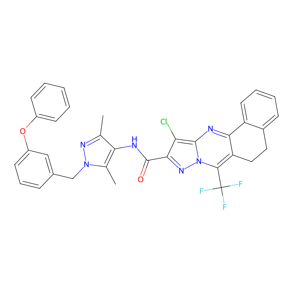 11-chloro-N-[3,5-dimethyl-1-(3-phenoxybenzyl)-1H-pyrazol-4-yl]-7-(trifluoromethyl)-5,6-dihydrobenzo[h]pyrazolo[5,1-b]quinazoline-10-carboxamide molecular structure, CAS 489451-38-9