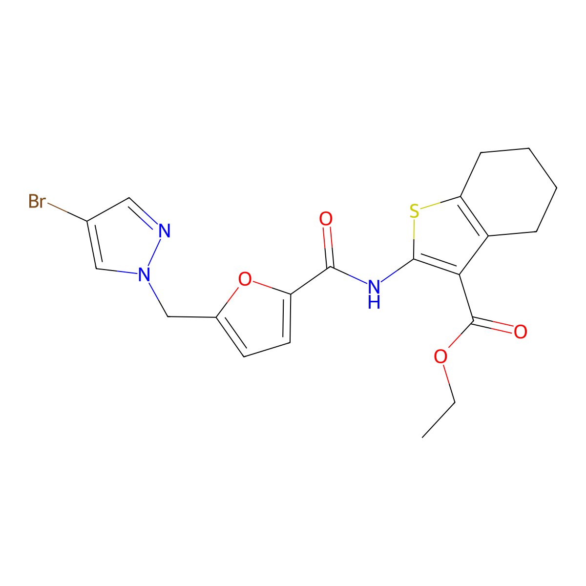Ethyl 2-[[5-[(4-bromopyrazol-1-yl)methyl]furan-2-carbonyl]amino]-4,5,6,7-tetrahydro-1-benzothiophene-3-carboxylate molecular structure, CAS 489451-41-4
