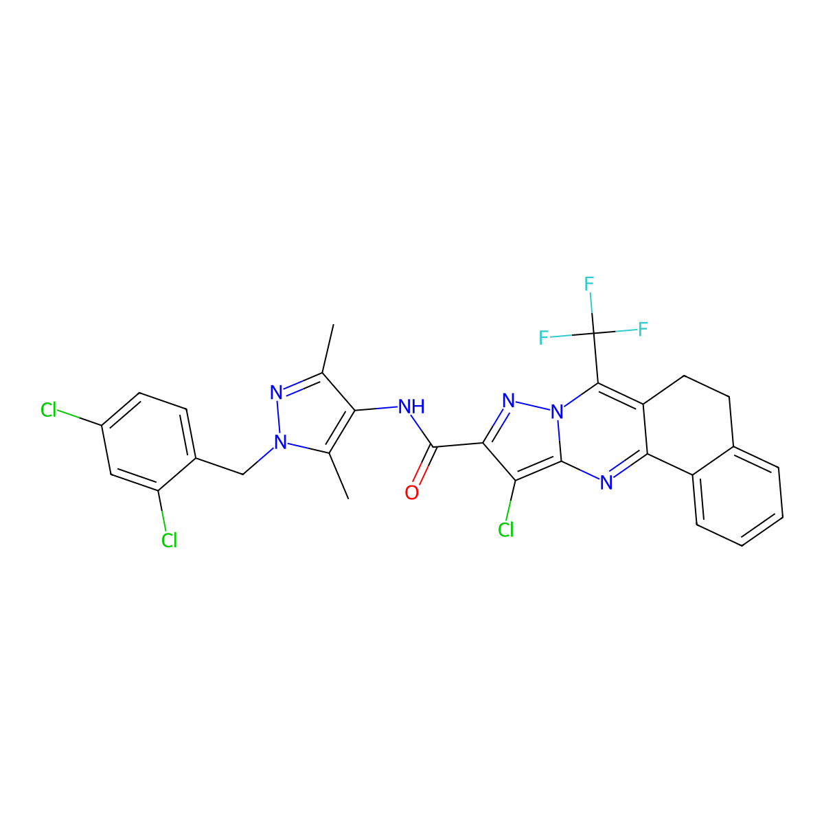 11-chloro-N-[1-(2,4-dichlorobenzyl)-3,5-dimethyl-1H-pyrazol-4-yl]-7-(trifluoromethyl)-5,6-dihydrobenzo[h]pyrazolo[5,1-b]quinazoline-10-carboxamide molecular structure, CAS 489451-43-6