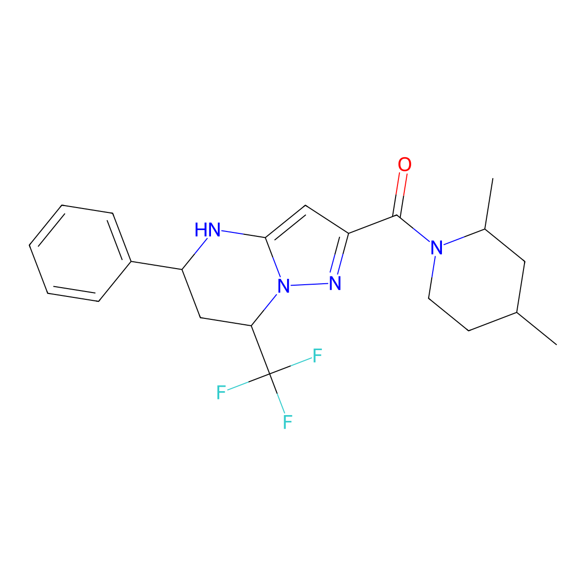 2-[(2,4-Dimethyl-1-piperidinyl)carbonyl]-5-phenyl-7-(trifluoromethyl)-4,5,6,7-tetrahydropyrazolo[1,5-a]pyrimidine molecular structure, CAS 489451-44-7