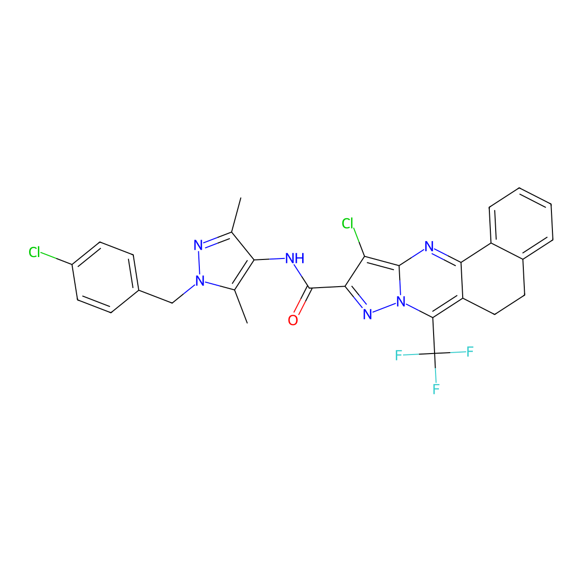 11-chloro-N-[1-(4-chlorobenzyl)-3,5-dimethyl-1H-pyrazol-4-yl]-7-(trifluoromethyl)-5,6-dihydrobenzo[h]pyrazolo[5,1-b]quinazoline-10-carboxamide molecular structure, CAS 489451-47-0