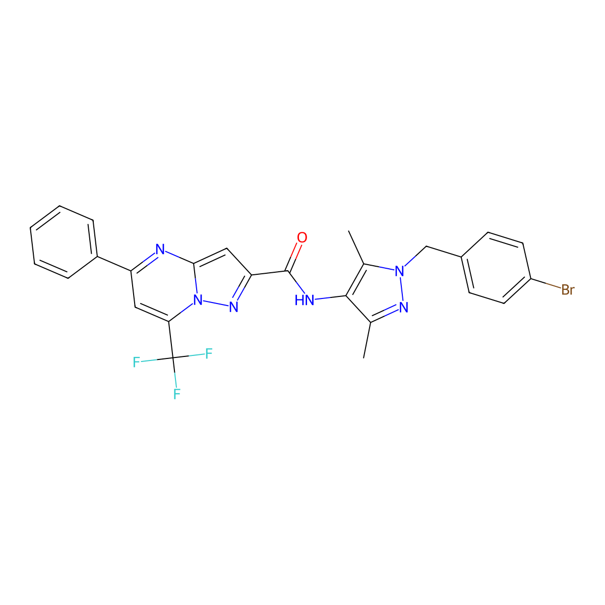N-[1-[(4-bromophenyl)methyl]-3,5-dimethylpyrazol-4-yl]-5-phenyl-7-(trifluoromethyl)pyrazolo[1,5-a]pyrimidine-2-carboxamide molecular structure, CAS 489451-51-6