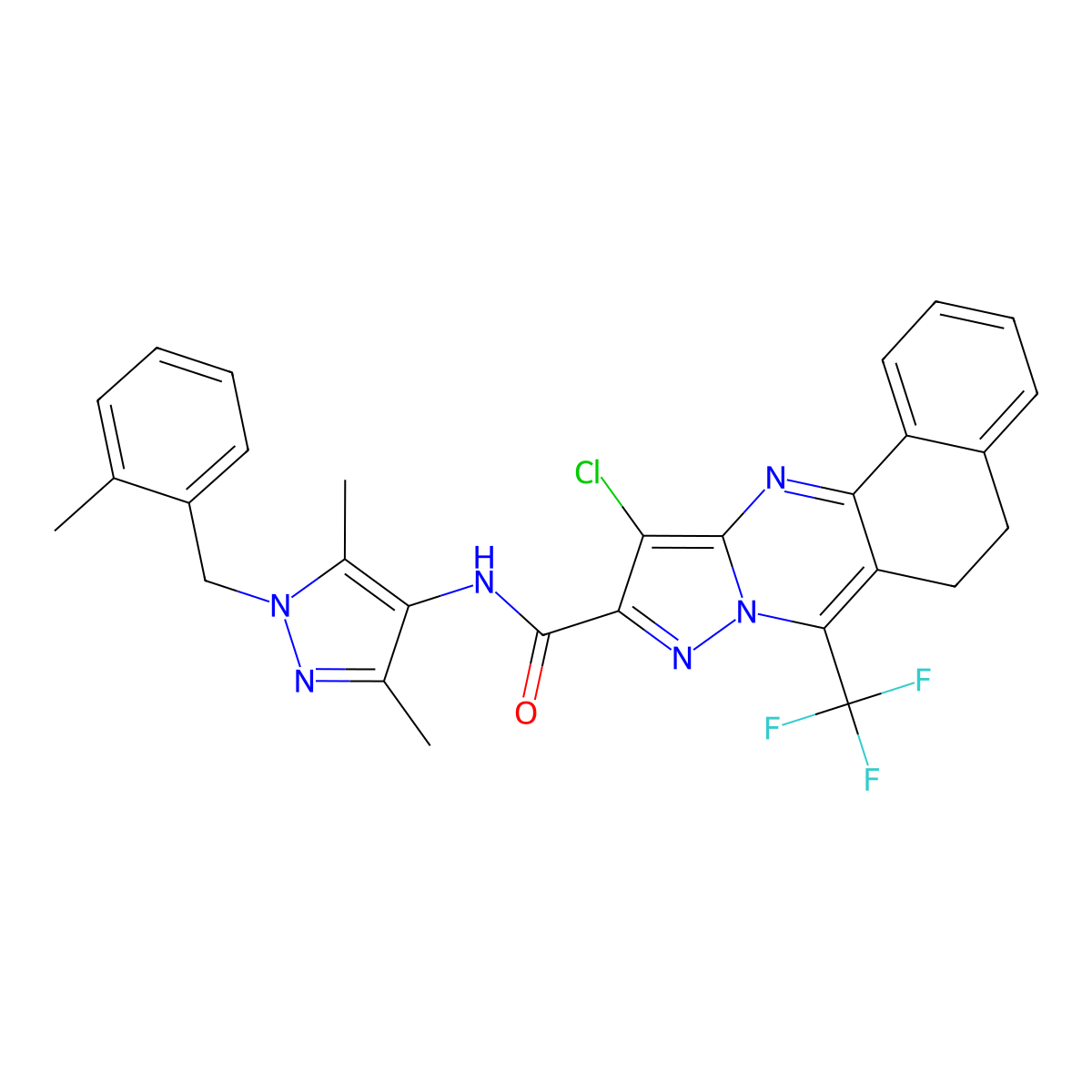 11-chloro-N-[3,5-dimethyl-1-(2-methylbenzyl)-1H-pyrazol-4-yl]-7-(trifluoromethyl)-5,6-dihydrobenzo[h]pyrazolo[5,1-b]quinazoline-10-carboxamide molecular structure, CAS 489451-55-0