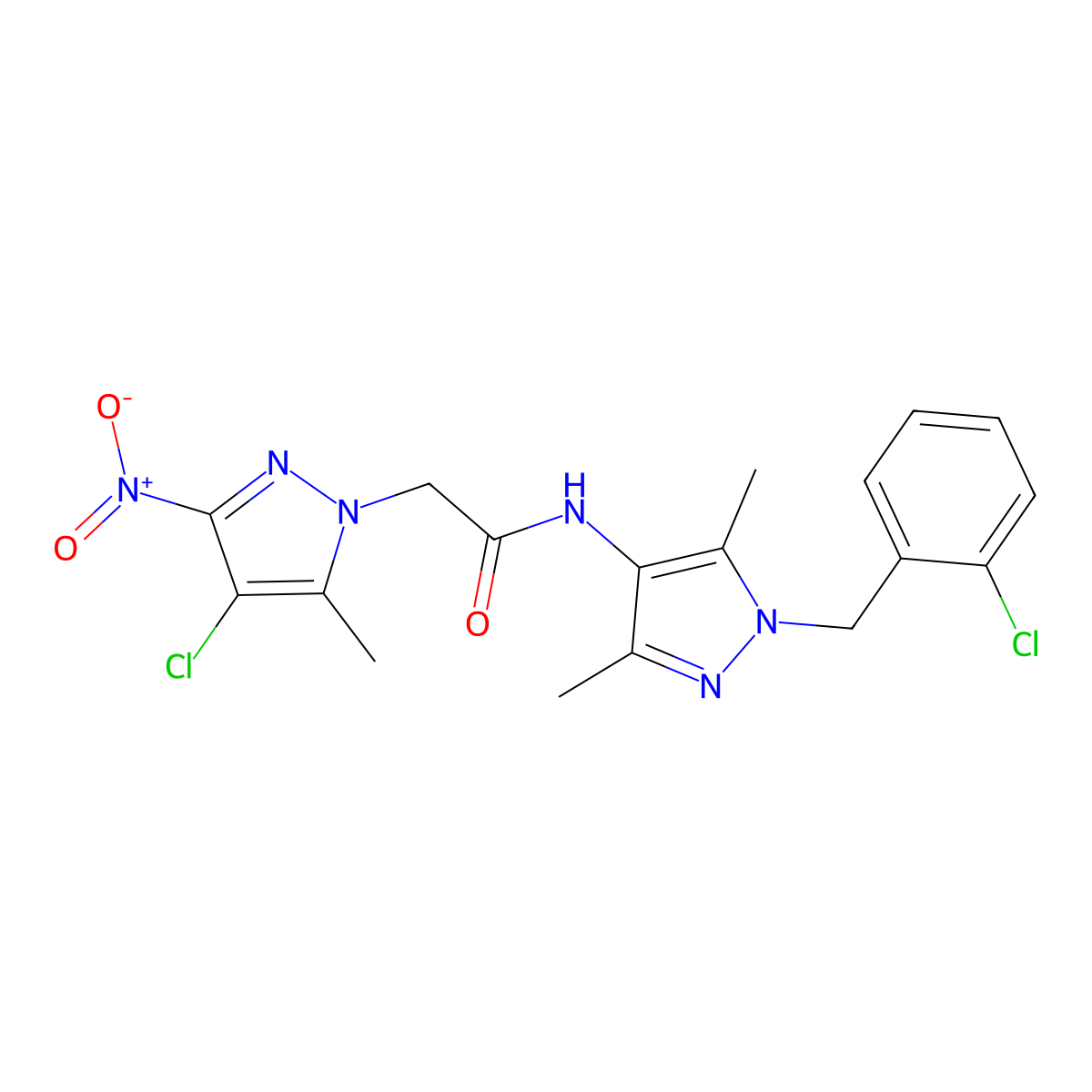 2-(4-chloro-5-methyl-3-nitropyrazol-1-yl)-N-[1-[(2-chlorophenyl)methyl]-3,5-dimethylpyrazol-4-yl]acetamide molecular structure, CAS 489451-58-3