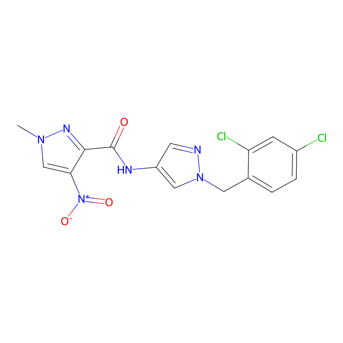 N-[1-[(2,4-dichlorophenyl)methyl]pyrazol-4-yl]-1-methyl-4-nitropyrazole-3-carboxamide molecular structure, CAS 489451-67-4